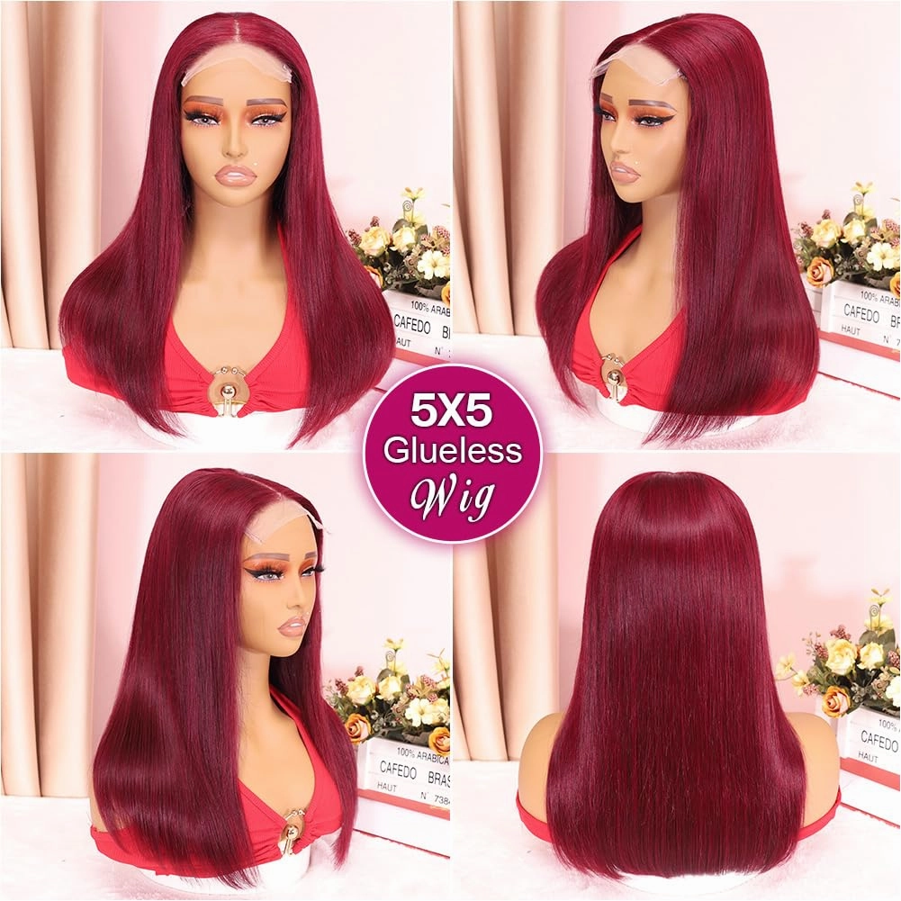 99j Burgundy 18 Inch Glueless Wig 5x5 Hd Lace Closure Wigs Human Hair Bob Wig Human Hair Glueless Bob Wigs For Black Women Red Burgundy 5 5 Bob Wig 200 Density
