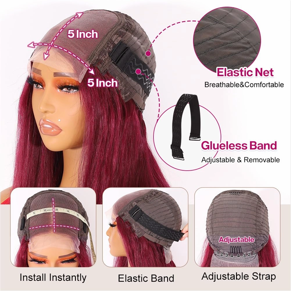 99j Burgundy 18 Inch Glueless Wig 5x5 Hd Lace Closure Wigs Human Hair Bob Wig Human Hair Glueless Bob Wigs For Black Women Red Burgundy 5 5 Bob Wig 200 Density
