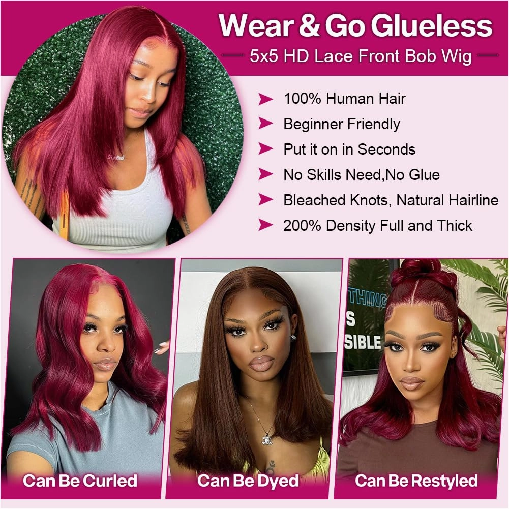 99j Burgundy 18 Inch Glueless Wig 5x5 Hd Lace Closure Wigs Human Hair Bob Wig Human Hair Glueless Bob Wigs For Black Women Red Burgundy 5 5 Bob Wig 200 Density