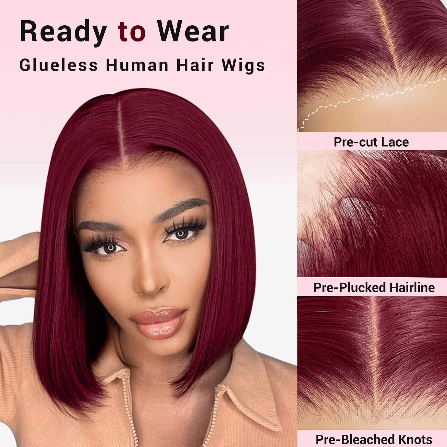 99j Burgundy Bob Glueless Wear and Go Wigs Human Hair 12 Inch 9x6 HD Lace Closure 99j Glueless Bob Wig Pre Plucked Pre Cut Red Short Bob Wig Human Hair Pre Bleached 220% Density for Women