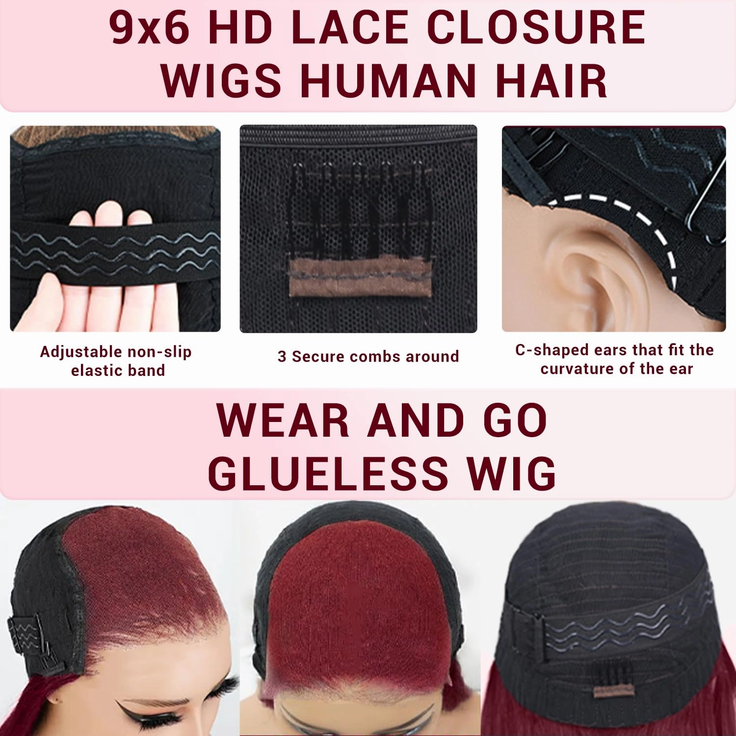 99j Burgundy Bob Glueless Wear and Go Wigs Human Hair 12 Inch 9x6 HD Lace Closure 99j Glueless Bob Wig Pre Plucked Pre Cut Red Short Bob Wig Human Hair Pre Bleached 220% Density for Women