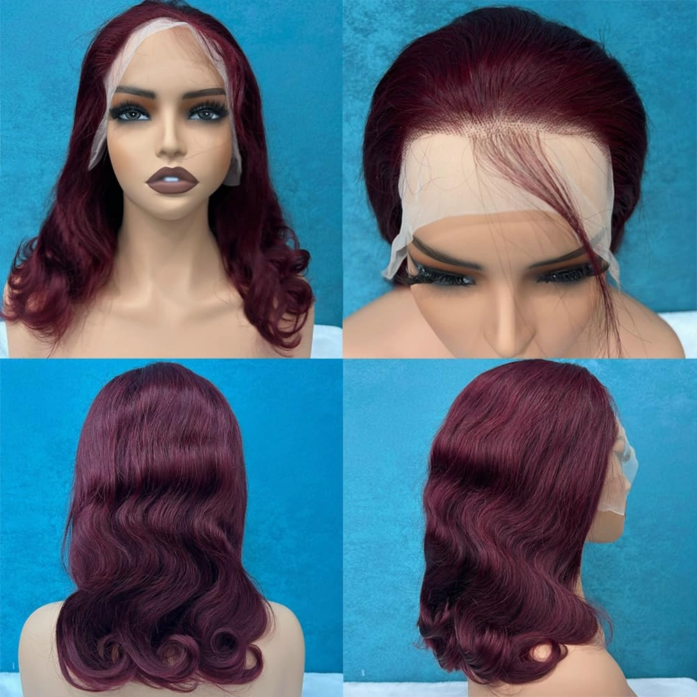 99J Burgundy Bob Wig Human Hair 13x4 Frontal Lace Wig 16 Inch Body Wave HD Lace Front Wigs Human Hair Pre Plucked 180% Density Glueless Wine Red Bob Wigs for Women (99J Burgundy, 16 Inch)