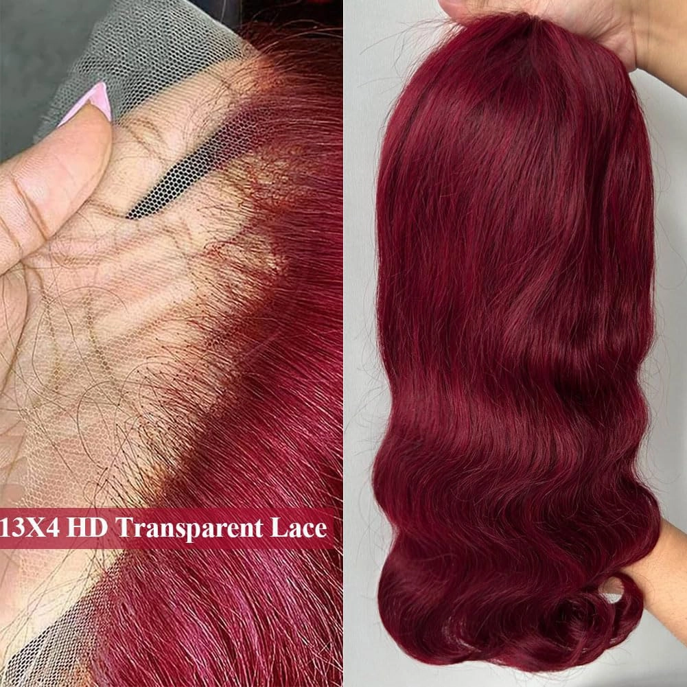 99J Burgundy Bob Wig Human Hair 13x4 Frontal Lace Wig 16 Inch Body Wave HD Lace Front Wigs Human Hair Pre Plucked 180% Density Glueless Wine Red Bob Wigs for Women (99J Burgundy, 16 Inch)