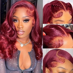 99J Burgundy Bob Wig Human Hair 13x4 Frontal Lace Wig 16 Inch Body Wave HD Lace Front Wigs Human Hair Pre Plucked 180% Density Glueless Wine Red Bob Wigs for Women (99J Burgundy, 16 Inch)