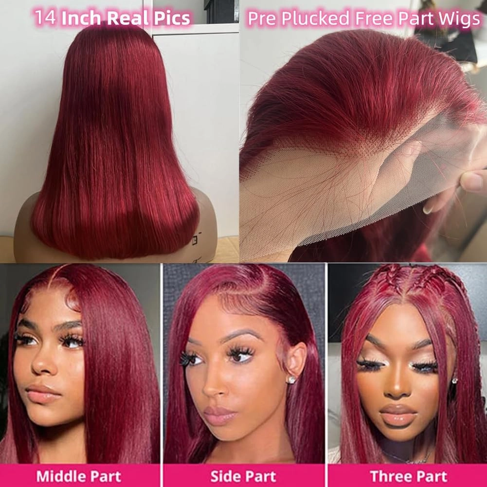 99J Burgundy Lace Front Wigs Human Hair Pre Plucked 14 Inch Red Bob Wig Human Hair 13x4 Frontal Lace Wig HD Human Hair Wigs for Women Wine Red Color (14 Inch, Burgundy 99J)