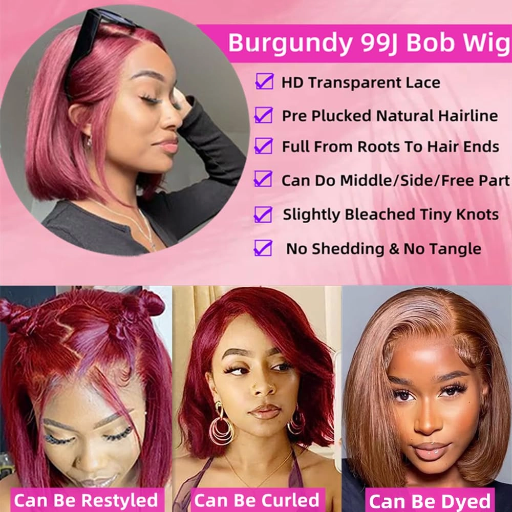 99J Burgundy Lace Front Wigs Human Hair Pre Plucked 14 Inch Red Bob Wig Human Hair 13x4 Frontal Lace Wig HD Human Hair Wigs for Women Wine Red Color (14 Inch, Burgundy 99J)