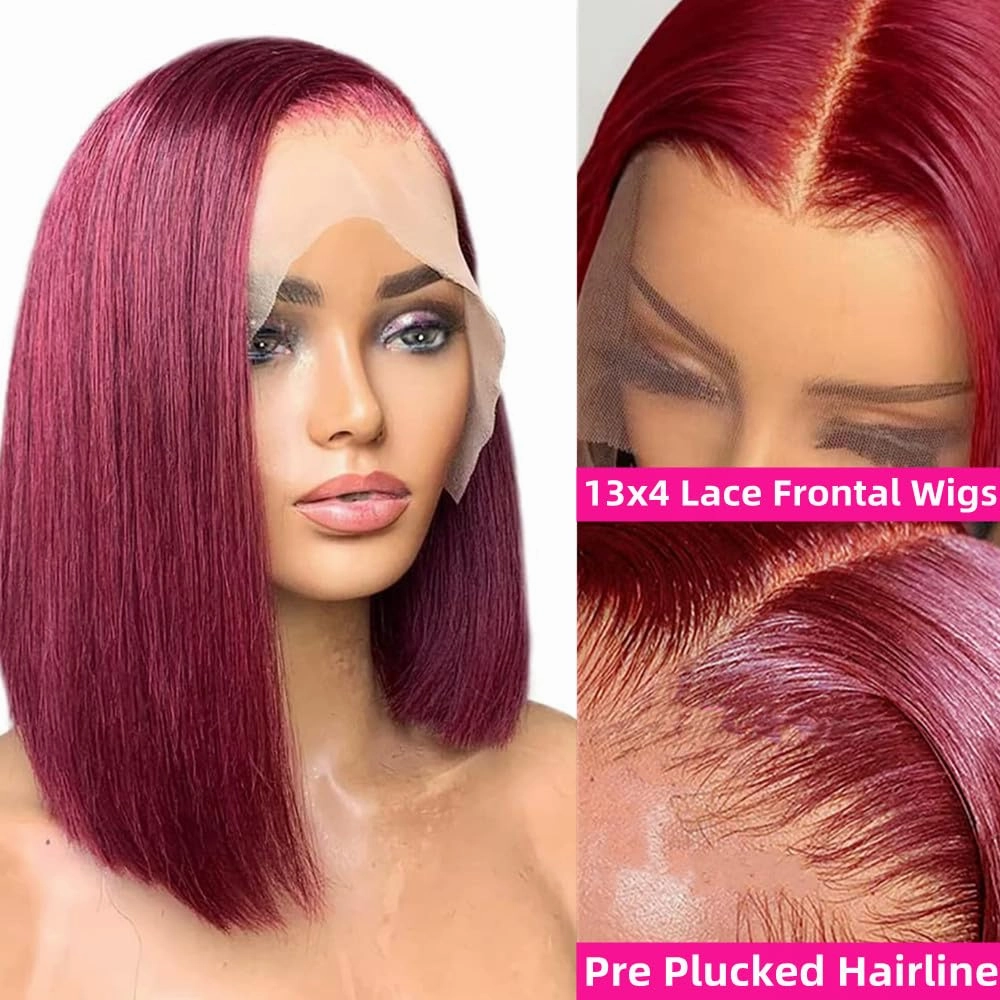 99J Burgundy Lace Front Wigs Human Hair Pre Plucked 14 Inch Red Bob Wig Human Hair 13x4 Frontal Lace Wig HD Human Hair Wigs for Women Wine Red Color (14 Inch, Burgundy 99J)