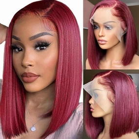 99J Burgundy Lace Front Wigs Human Hair Pre Plucked 14 Inch Red Bob Wig Human Hair 13x4 Frontal Lace Wig HD Human Hair Wigs for Women Wine Red Color (14 Inch, Burgundy 99J)