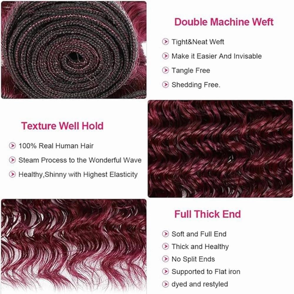 99j Deep Wave Bundles Human Hair Burgundy Deep Wave Bundles Wine Red Brazilian Hair Extensions Weave Wet and Wavy Soft Silky for Black Woman 14 16 18 Inch
