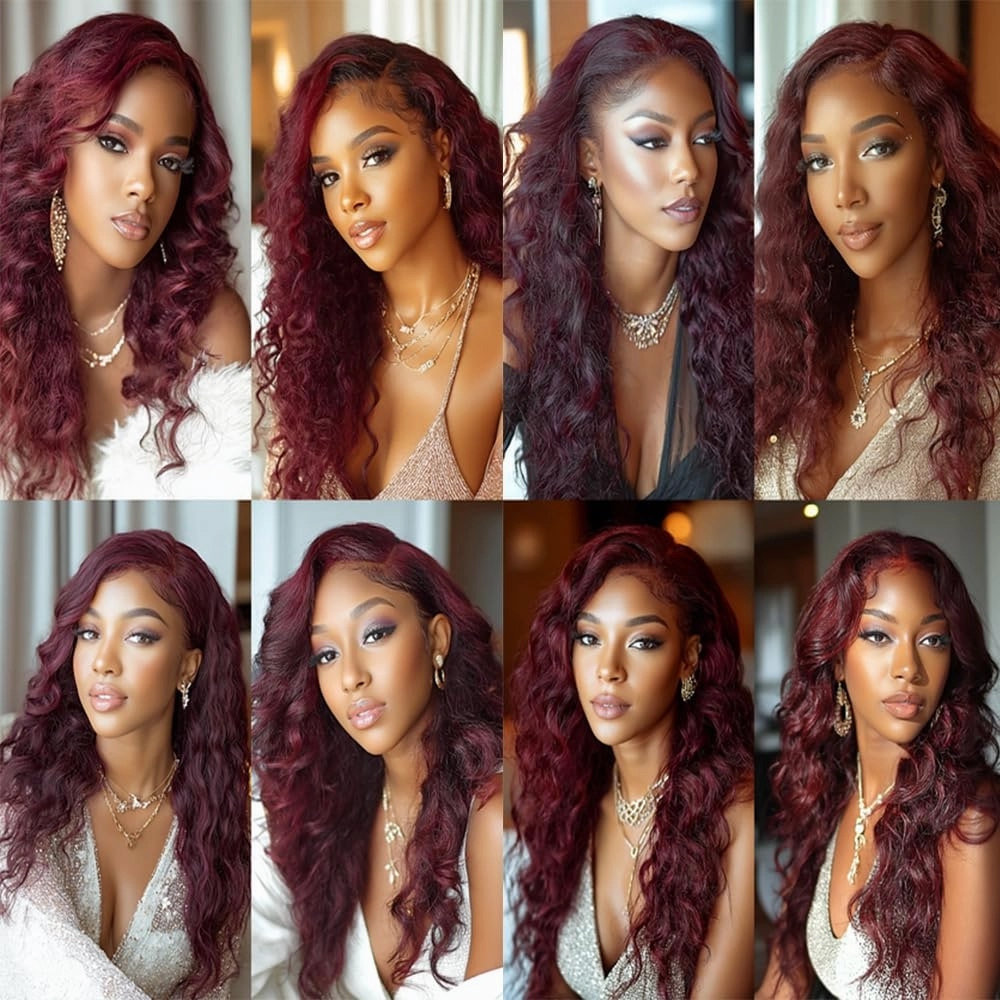 99j Deep Wave Bundles Human Hair Burgundy Deep Wave Bundles Wine Red Brazilian Hair Extensions Weave Wet and Wavy Soft Silky for Black Woman 14 16 18 Inch