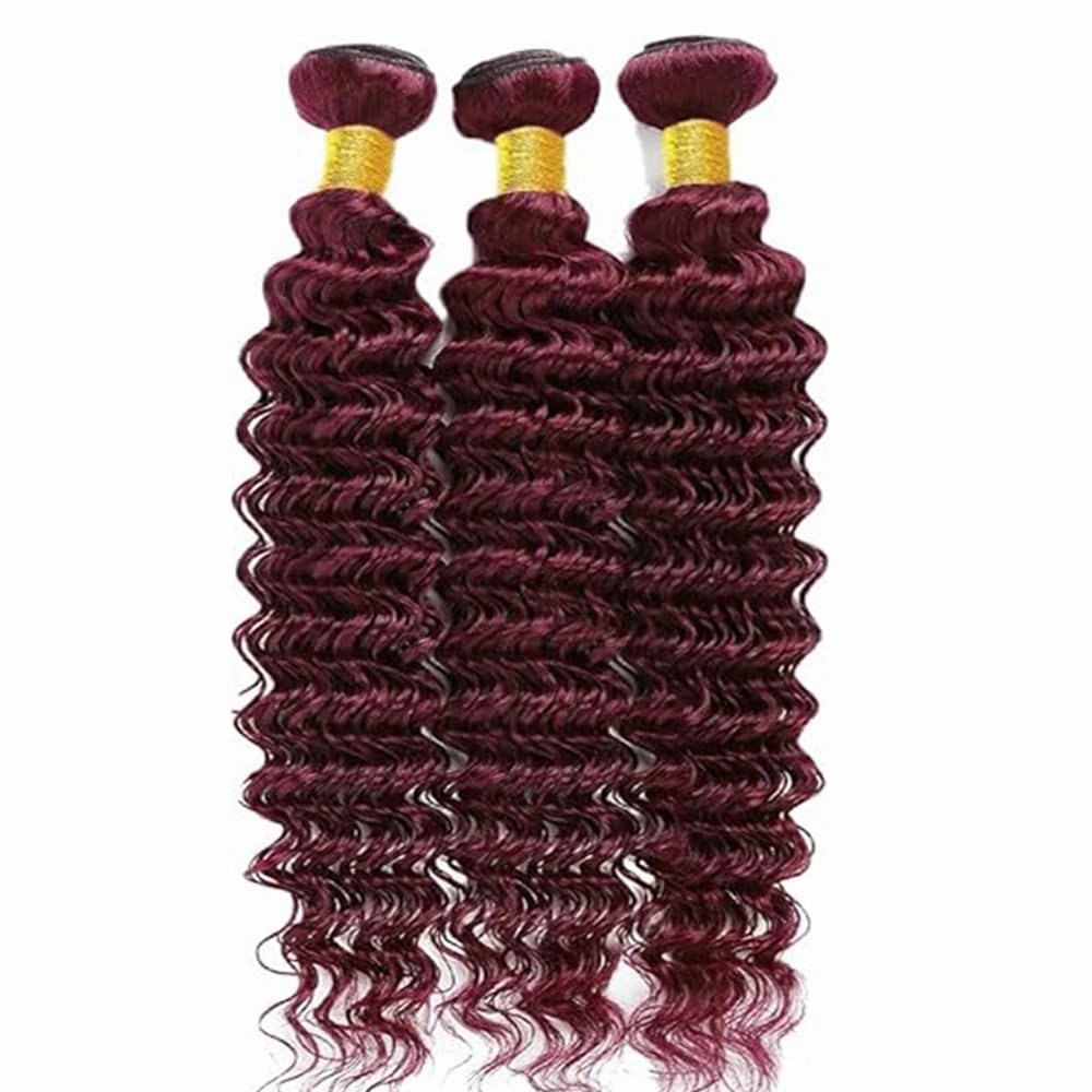99j Deep Wave Bundles Human Hair Burgundy Deep Wave Bundles Wine Red Brazilian Hair Extensions Weave Wet and Wavy Soft Silky for Black Woman 14 16 18 Inch