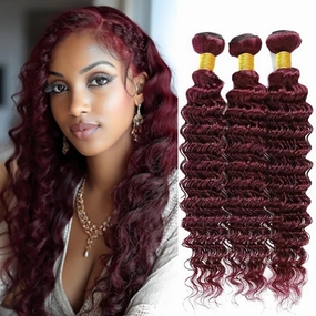 99j Deep Wave Bundles Human Hair Burgundy Deep Wave Bundles Wine Red Brazilian Hair Extensions Weave Wet and Wavy Soft Silky for Black Woman 14 16 18 Inch