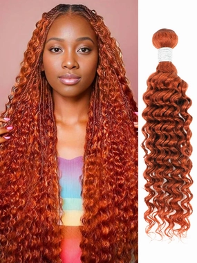 #350 Ginger Deep Wave Single Bundles Human Hair, 10A 100% Unprocessed Virgin Brazilian Weaves Burnt Orange Curly Bundles Thick Track Colored Water Wavy Human Hair Extensions Sew In 12 Inch Remy