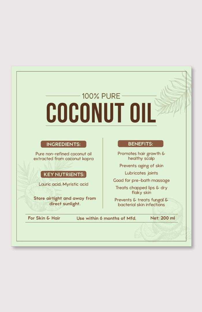 <strong>Pure Coconut Oil 200ml</strong><br><i>Non-Refined, LLP Free</i>