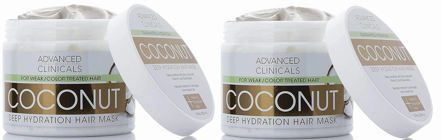 Advanced Clinicals Coconut Oil Hair Treatment, Deep Hydration Hair Repair Mask & Moisturizing Conditioner for Dry, Color Treated & Weak Hair - Boosts Growth w/ Shea Butter & Kelp, 24 fl oz, 2-Pack