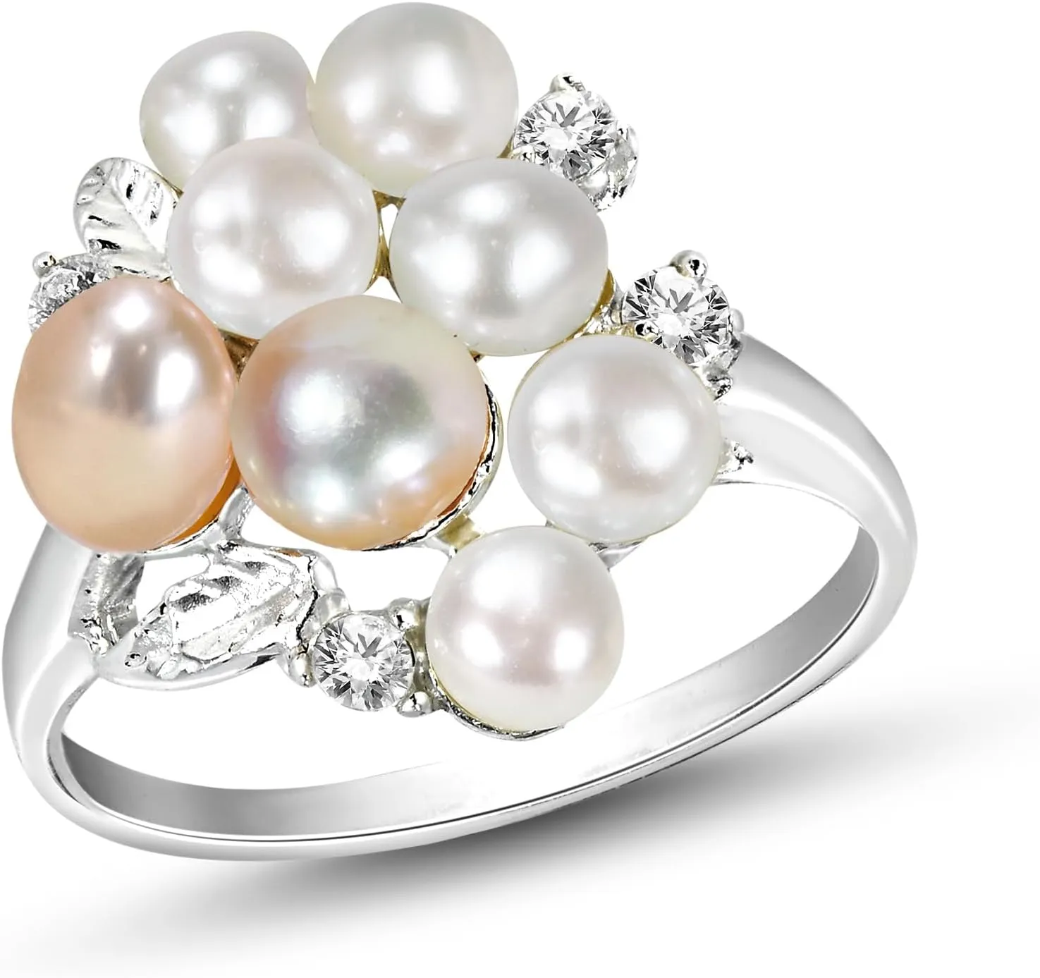 AeraVida Cluster White-Pink Cultured Freshwater Pearl Grape Cubic Zirconia .925 Sterling Silver Ring