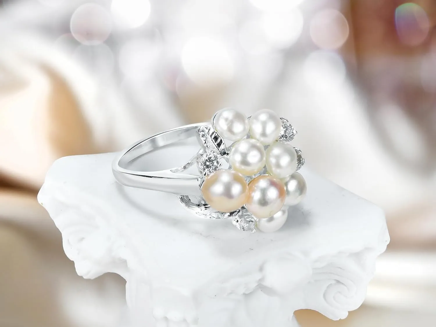 AeraVida Cluster White-Pink Cultured Freshwater Pearl Grape Cubic Zirconia .925 Sterling Silver Ring