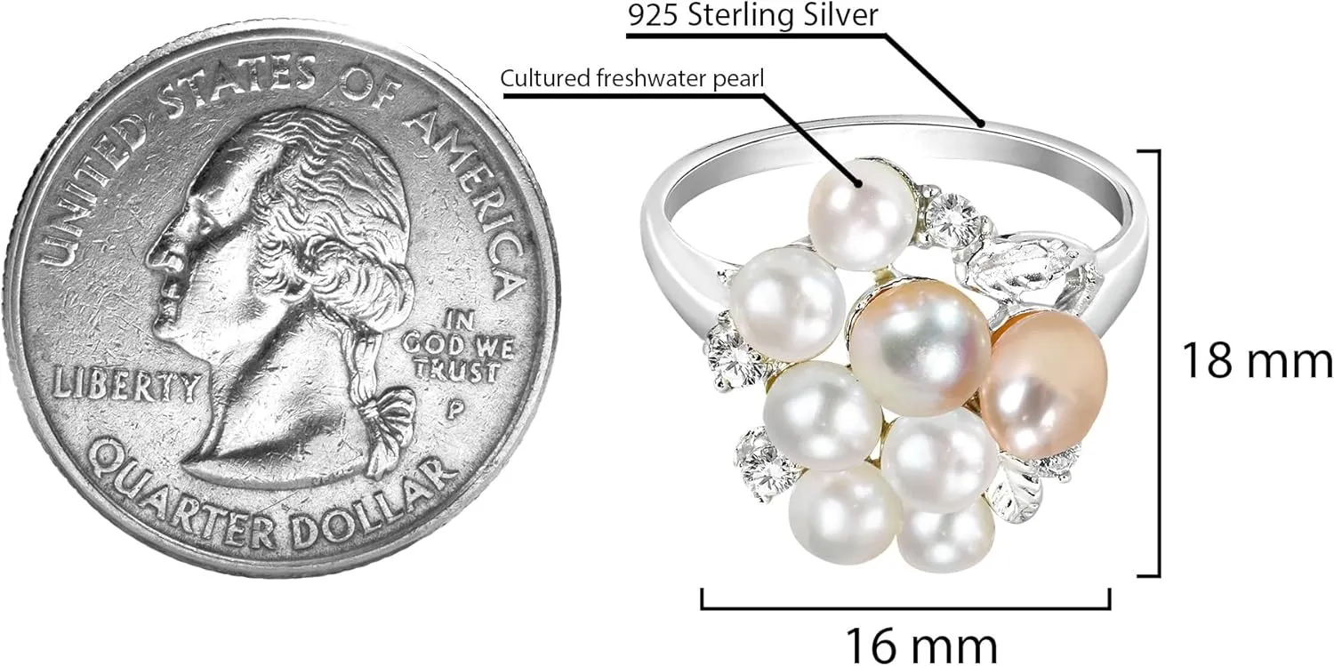 AeraVida Cluster White-Pink Cultured Freshwater Pearl Grape Cubic Zirconia .925 Sterling Silver Ring