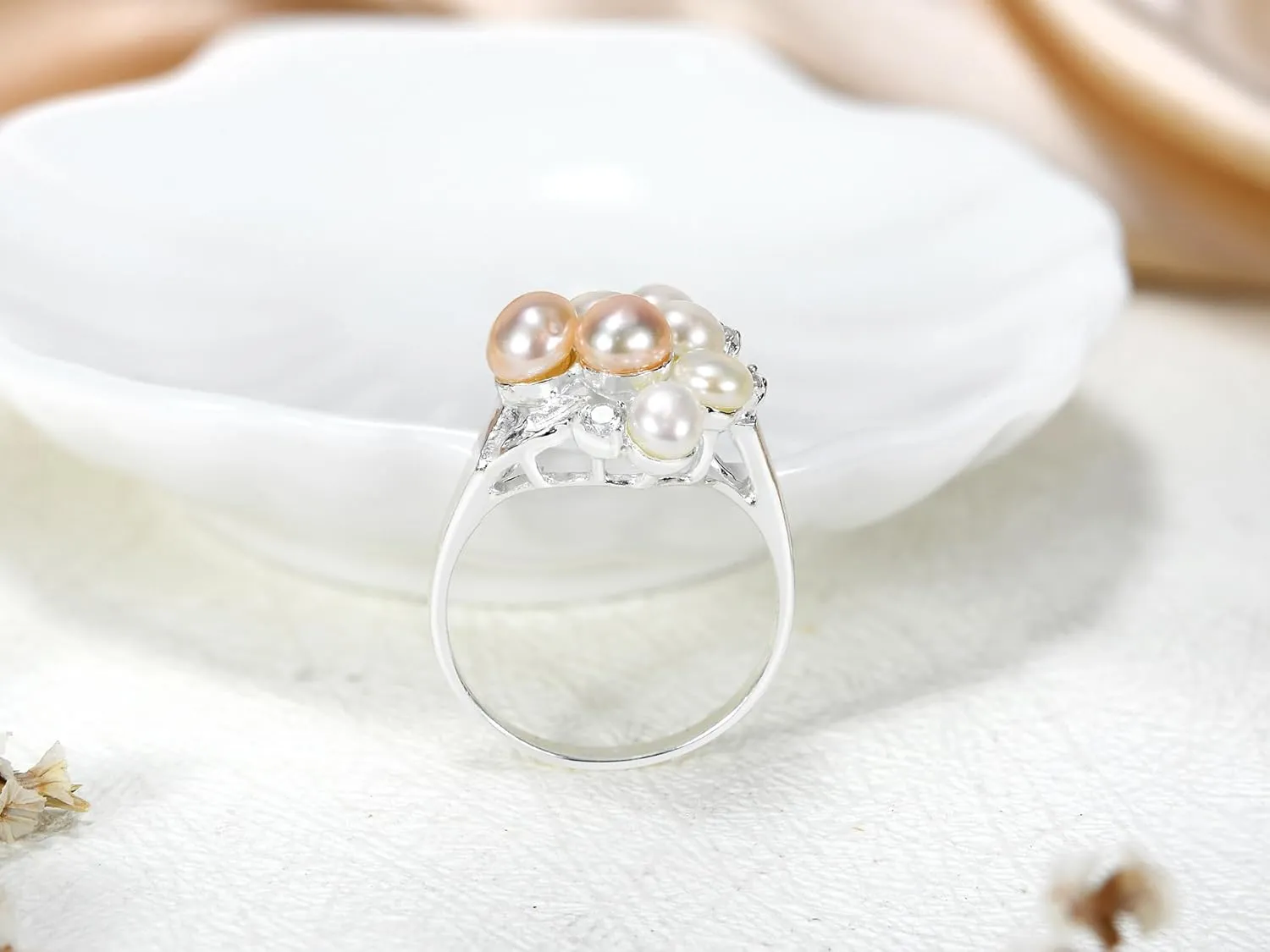 AeraVida Cluster White-Pink Cultured Freshwater Pearl Grape Cubic Zirconia .925 Sterling Silver Ring