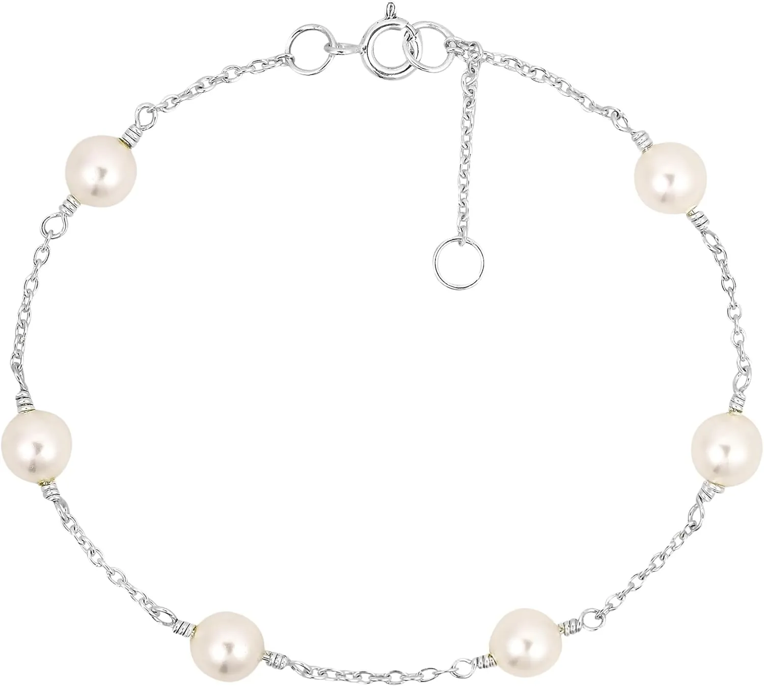 AeraVida Luminous Cultured Freshwater White Pearl Sterling Silver Chain Link Adjustable Bracelet - 7inches Length