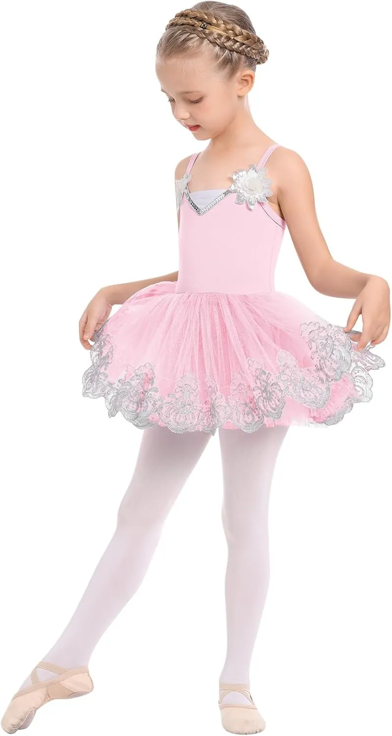 AFAVOM Ballet Leotards for Girls Toddler Sequin Flower Camisole Ballet Dance Dress Tulle Tutu Skirt Leotard Ballerina Costume