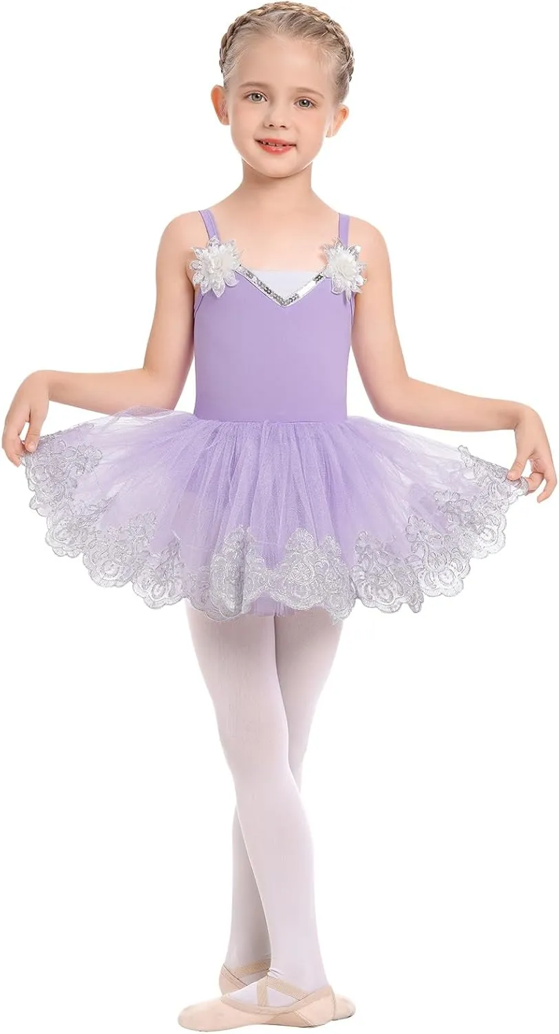 AFAVOM Ballet Leotards for Girls Toddler Sequin Flower Camisole Ballet Dance Dress Tulle Tutu Skirt Leotard Ballerina Costume
