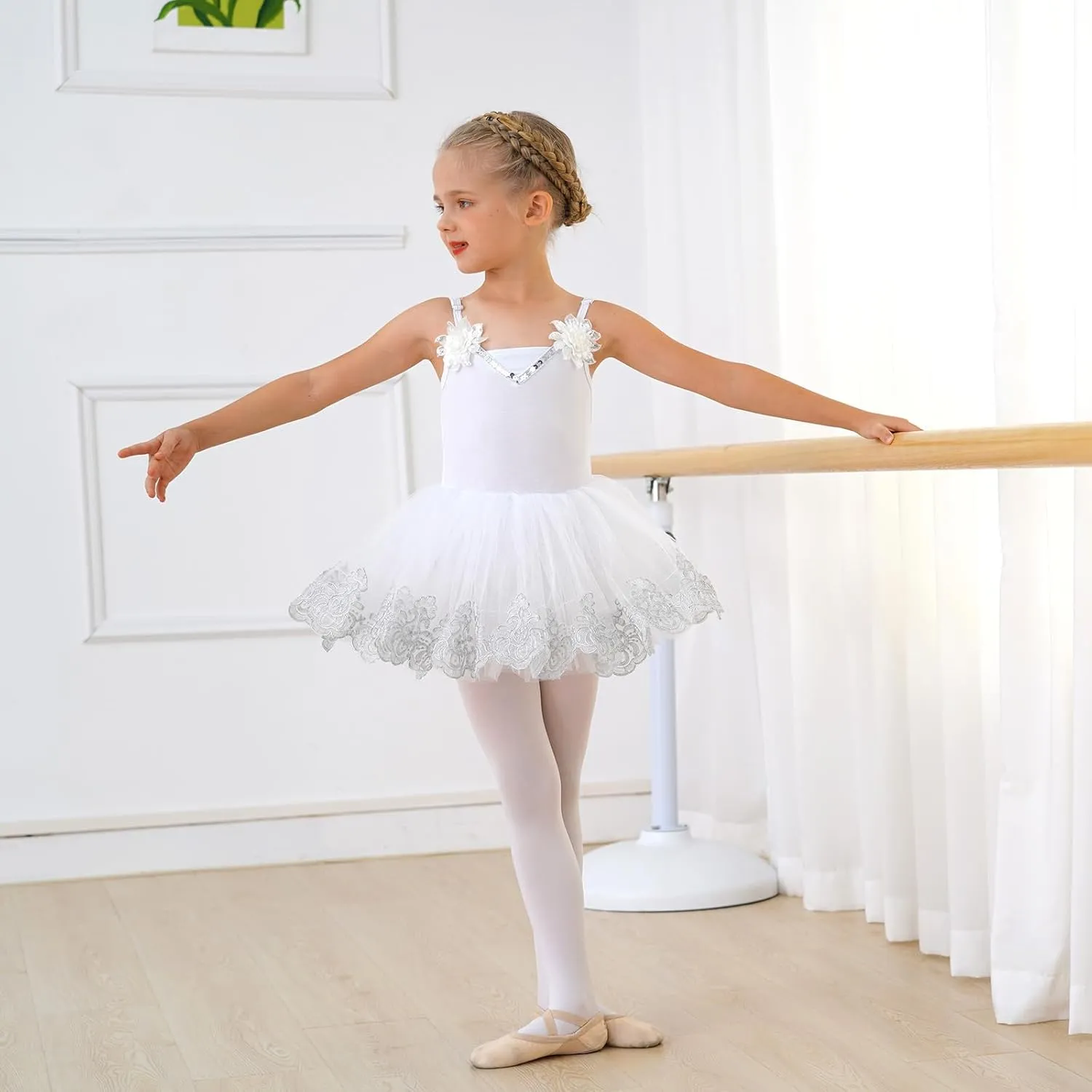 AFAVOM Ballet Leotards for Girls Toddler Sequin Flower Camisole Ballet Dance Dress Tulle Tutu Skirt Leotard Ballerina Costume