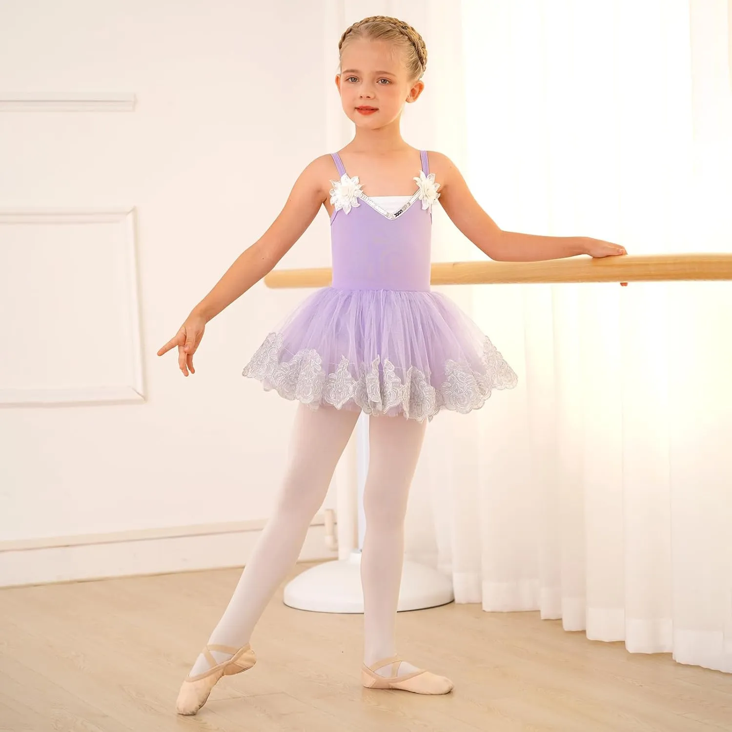 AFAVOM Ballet Leotards for Girls Toddler Sequin Flower Camisole Ballet Dance Dress Tulle Tutu Skirt Leotard Ballerina Costume