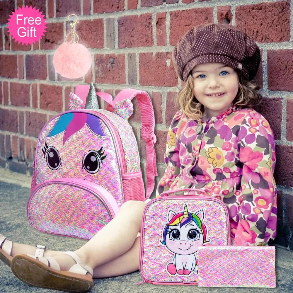 AGSDON 3PCS Unicorn Backpack for Girls, 12" Toddler Sequin Preschool Bookbag and Lunch Box - Pink