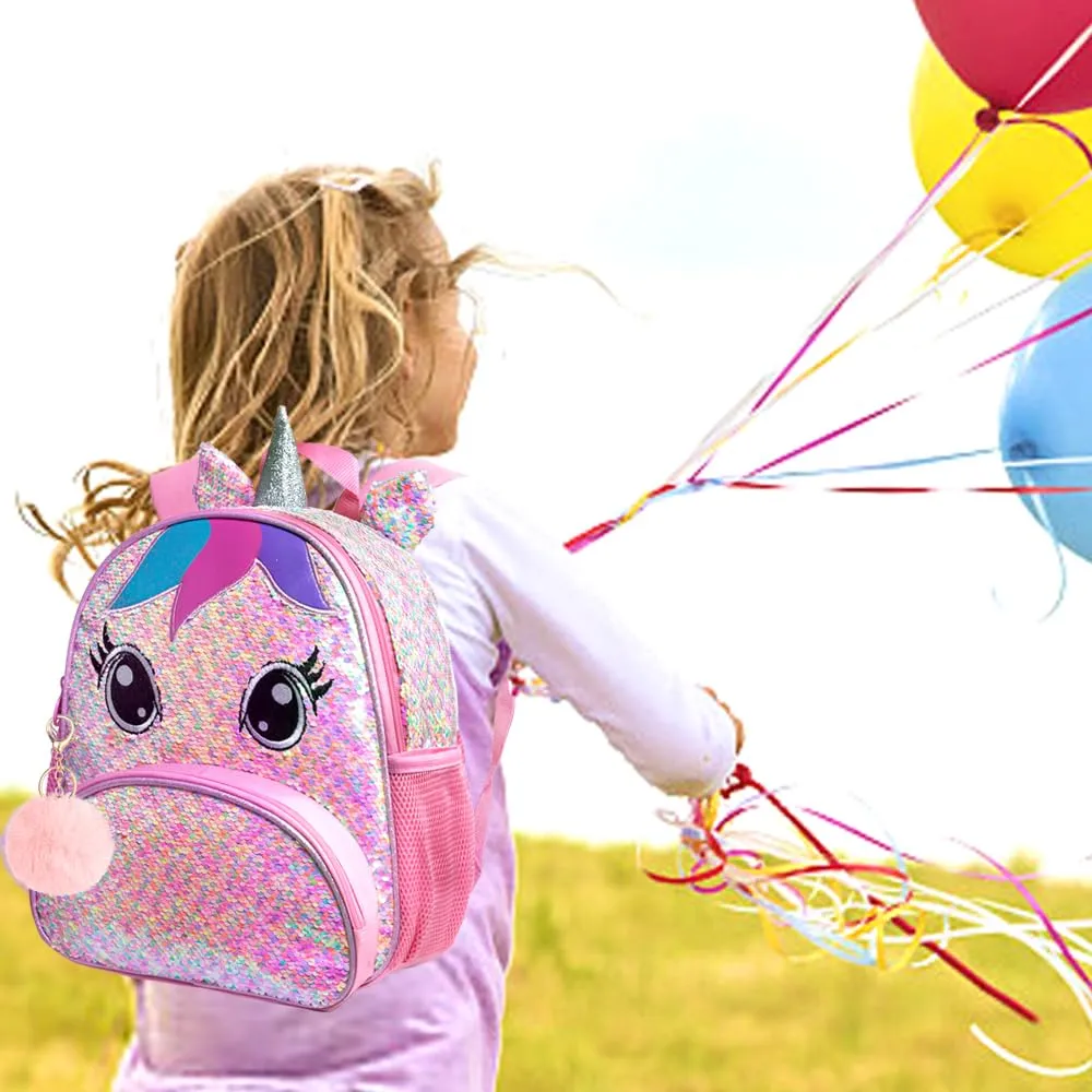 AGSDON 3PCS Unicorn Backpack for Girls, 12" Toddler Sequin Preschool Bookbag and Lunch Box - Pink