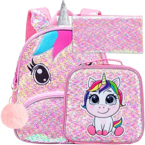 AGSDON 3PCS Unicorn Backpack for Girls, 12" Toddler Sequin Preschool Bookbag and Lunch Box - Pink