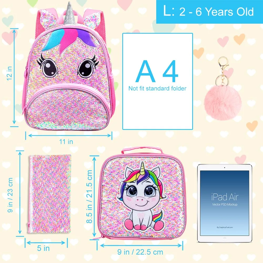 AGSDON 3PCS Unicorn Backpack for Girls, 12" Toddler Sequin Preschool Bookbag and Lunch Box - Pink