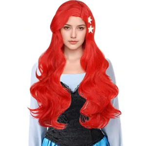 Aicos 80cm Long Red Curly Wigs for Women Mermaid Cosplay Wig with Starfish Hair Clips for Halloween Costume Party(Red)