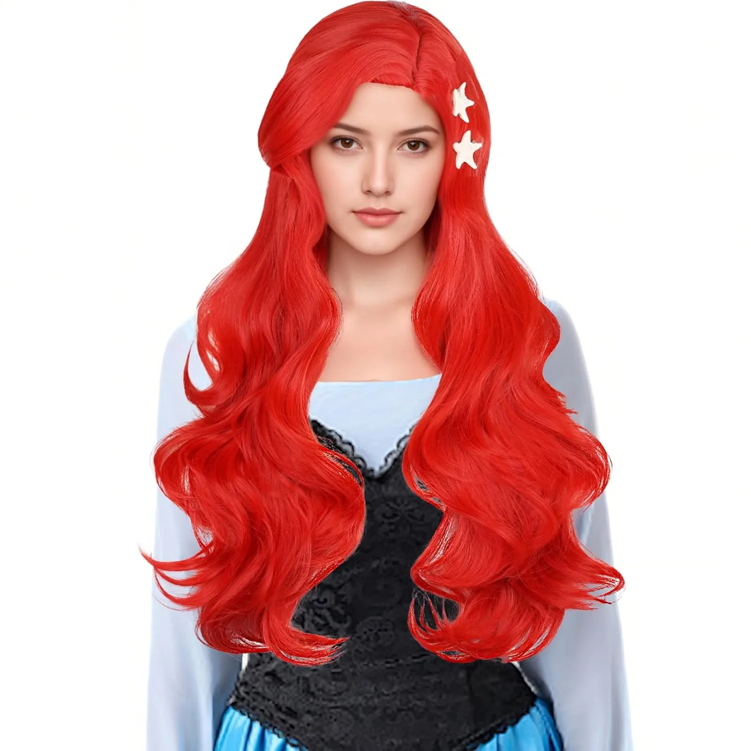 Aicos 80cm Long Red Curly Wigs for Women Mermaid Cosplay Wig with Starfish Hair Clips for Halloween Costume Party(Red)