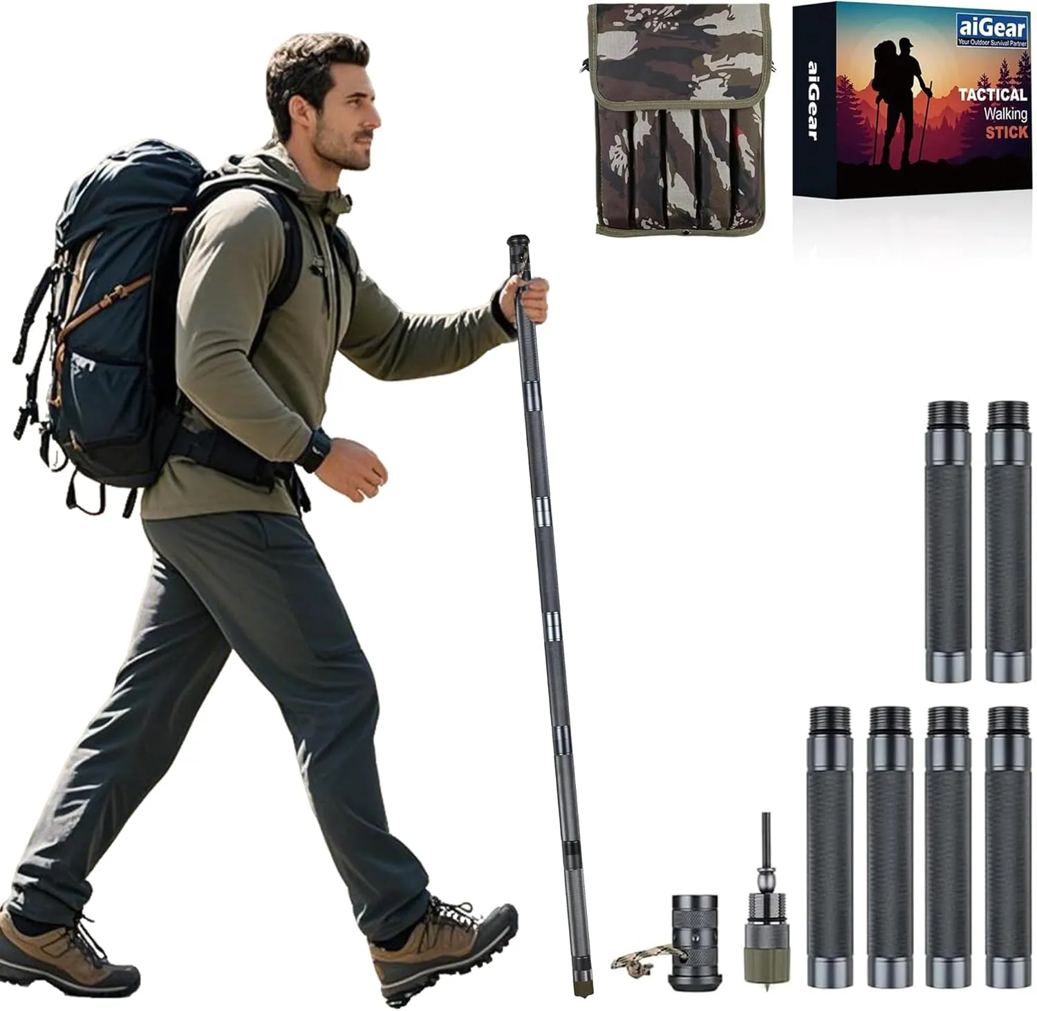 aiGear Survive Walking Hiking Stick - Outdoor Survival Hiking Staff Multitool Gear Adjustable Trekking Poles for Survival Camping Hiking 6 Tubes