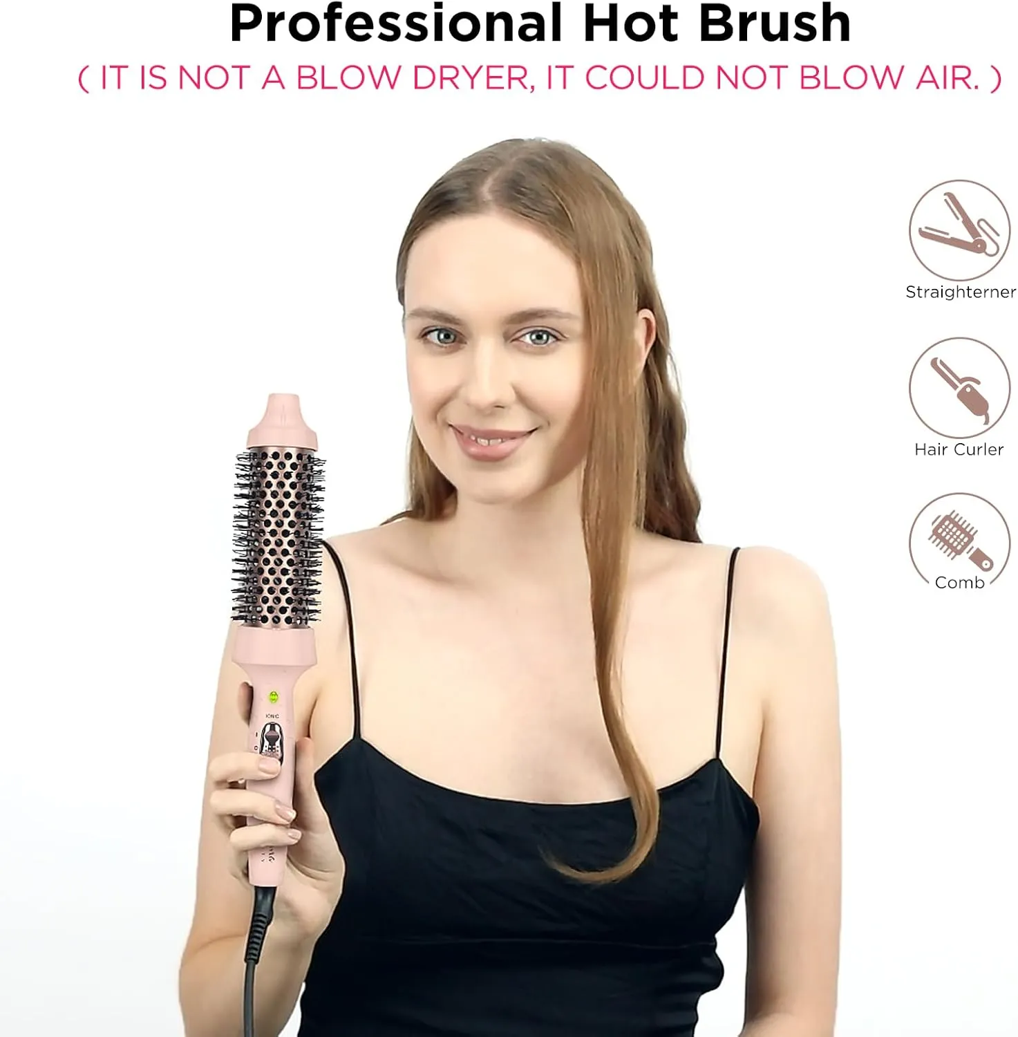 Aima Beauty Thermal Brush, 1.3"/35mm Volumizing Brush Makes Hair Silky Smooth, Ionic Hot Brush Create Smooth & Shiny Loose Curls, Fast Heating, Dual Voltage, 60Mins Auto Shut down, Pink