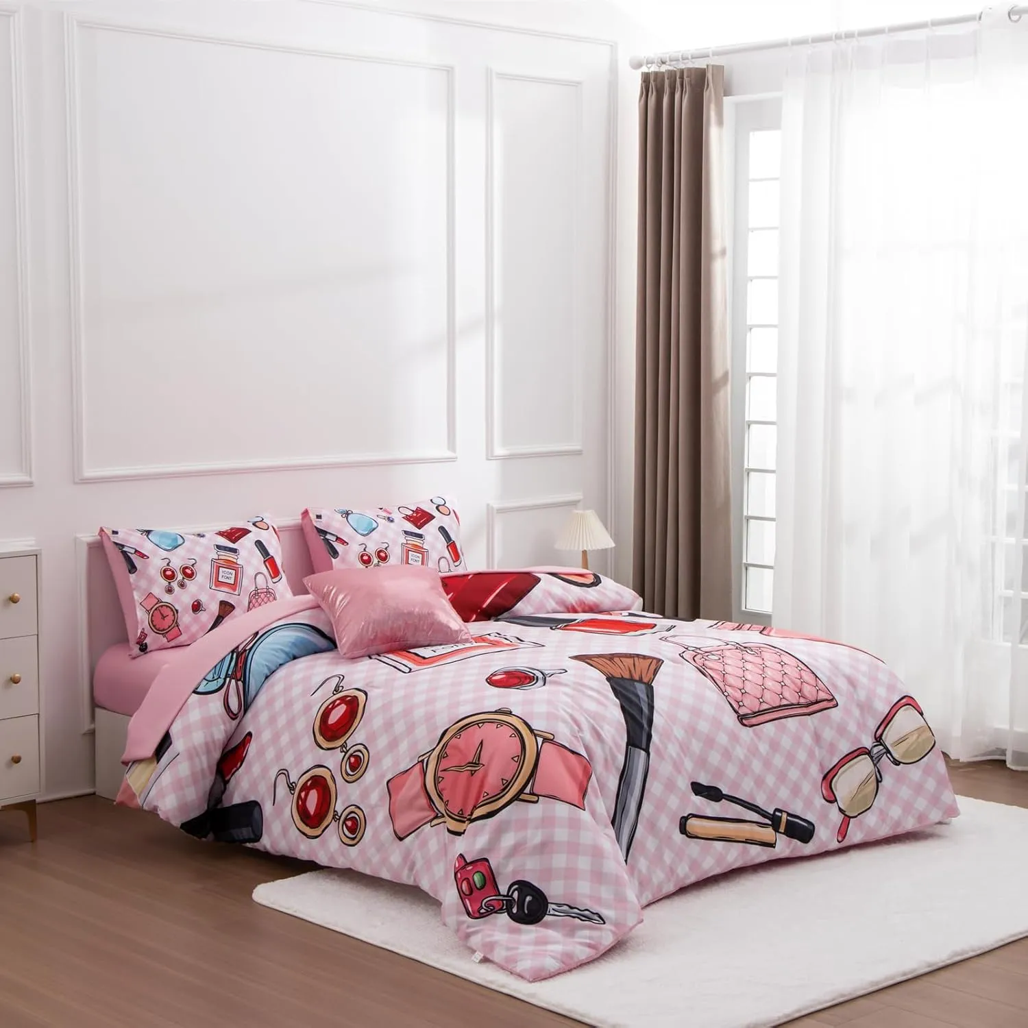 Aimuan Fashion Girl Comforter Sets Cosmetic Perfume Bag Lipstick Diva Pink Quilt Set Nail Polish Pattern Decorative Quilted 6 Pcs Makeup Bedding Set with 2 Pillowcases (Pink, Queen 6Pcs)