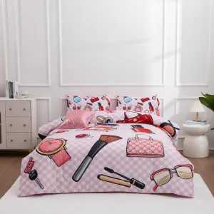 Aimuan Fashion Girl Comforter Sets Cosmetic Perfume Bag Lipstick Diva Pink Quilt Set Nail Polish Pattern Decorative Quilted 6 Pcs Makeup Bedding Set with 2 Pillowcases (Pink, Queen 6Pcs)