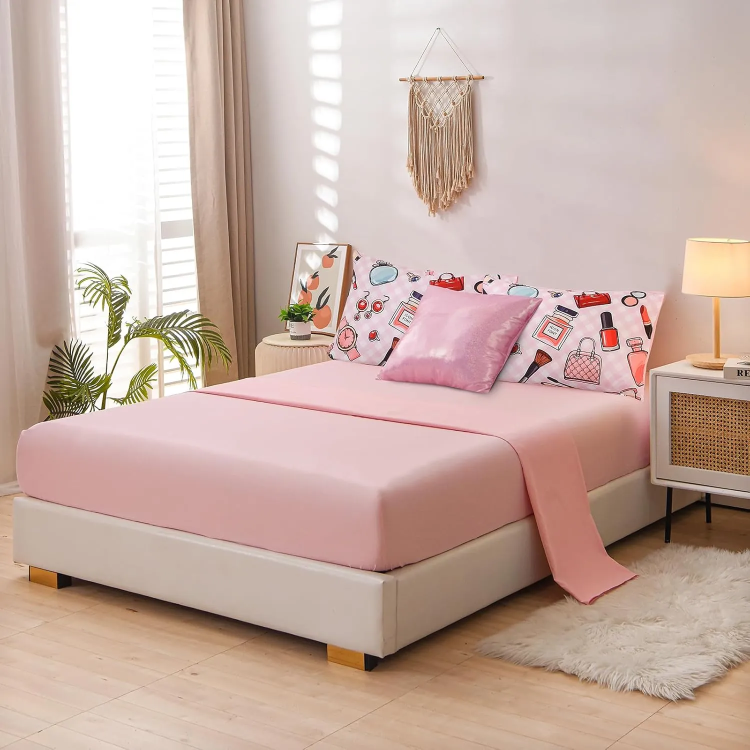 Aimuan Fashion Girl Comforter Sets Cosmetic Perfume Bag Lipstick Diva Pink Quilt Set Nail Polish Pattern Decorative Quilted 6 Pcs Makeup Bedding Set with 2 Pillowcases (Pink, Queen 6Pcs)