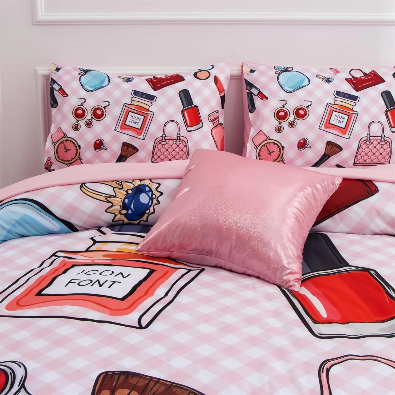 Aimuan Fashion Girl Comforter Sets Cosmetic Perfume Bag Lipstick Diva Pink Quilt Set Nail Polish Pattern Decorative Quilted 6 Pcs Makeup Bedding Set with 2 Pillowcases (Pink, Queen 6Pcs)