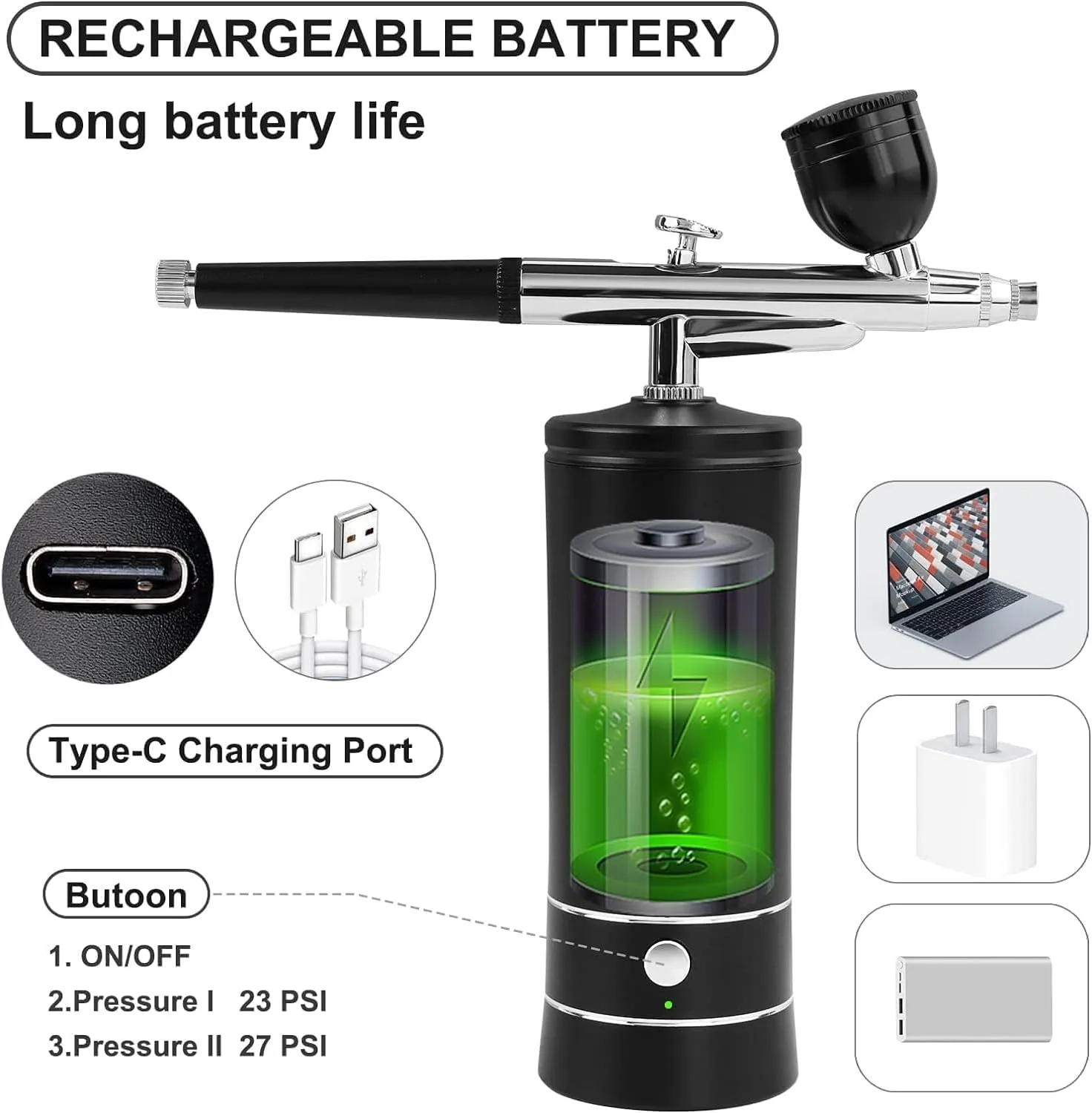 Airbrush Kit with Compressor - 48PSI Rechargeable Cordless Non-Clogging High-Pressure Air Brush Set Nail Machine, Airbrush Gun Set for Nail Art, Cake Decor, Makeup, Barber, Model Painting (BLACK)