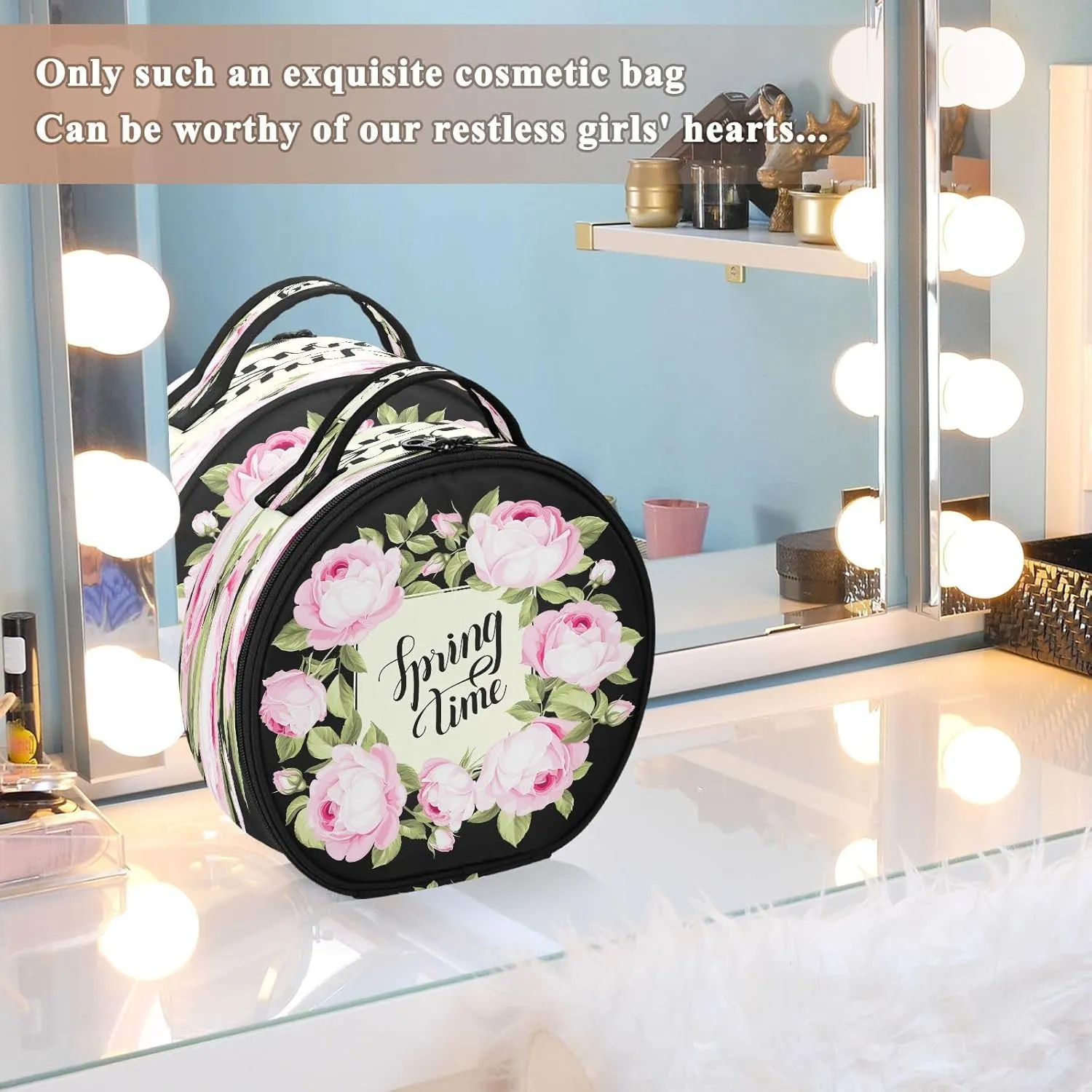 ALAZA Spring Time Pink Rose over Black Portable Cosmetic Bag Large Capacity Travel Makeup Case Organizer