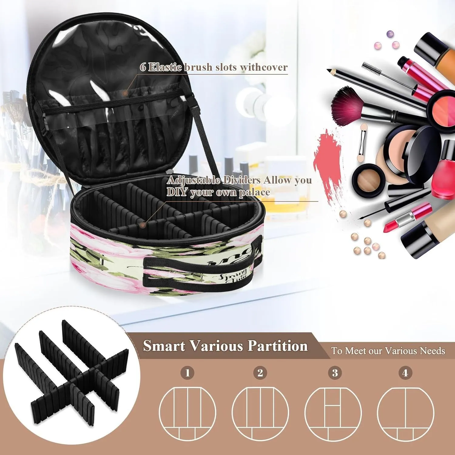 ALAZA Spring Time Pink Rose over Black Portable Cosmetic Bag Large Capacity Travel Makeup Case Organizer