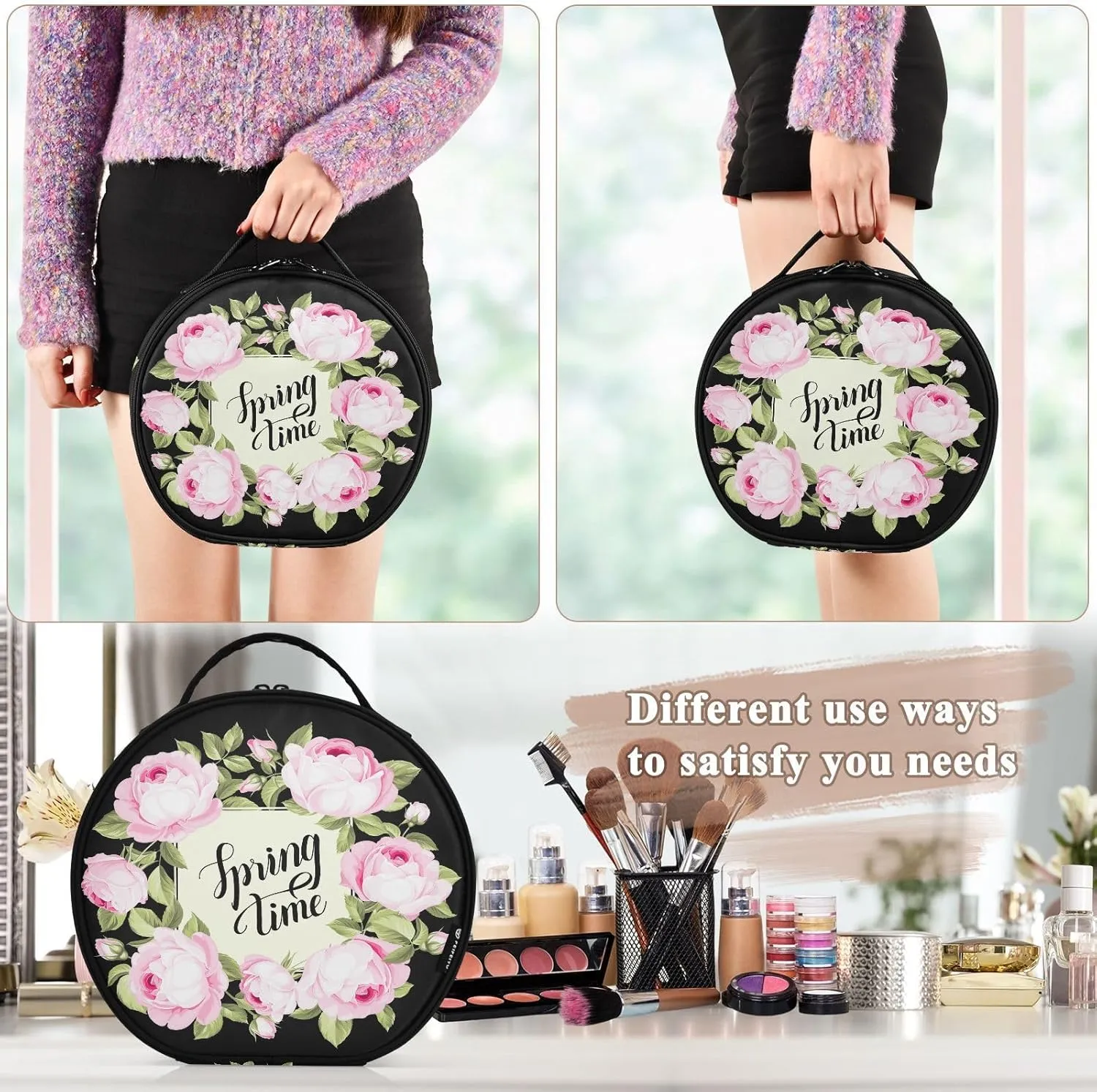 ALAZA Spring Time Pink Rose over Black Portable Cosmetic Bag Large Capacity Travel Makeup Case Organizer