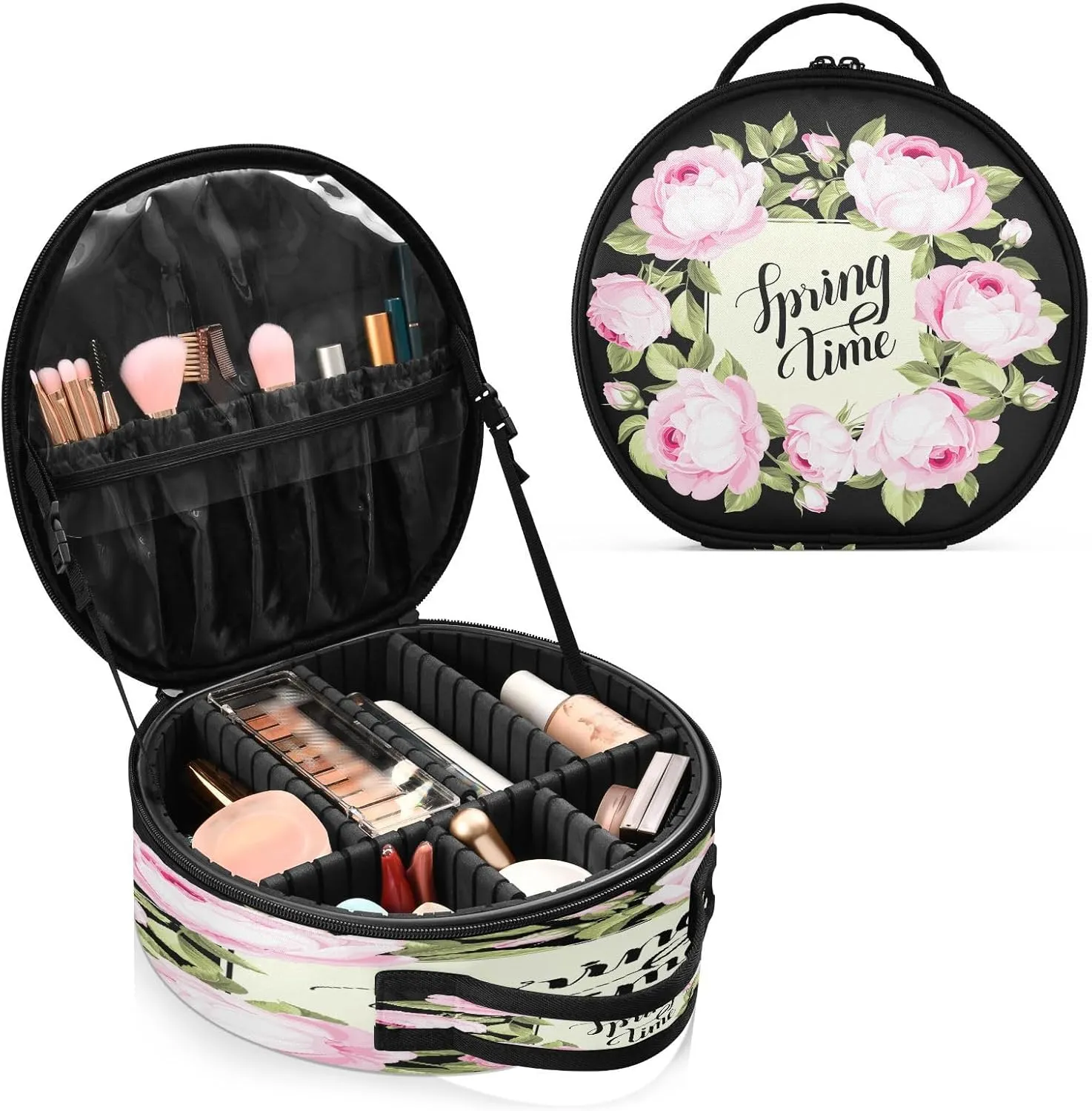 ALAZA Spring Time Pink Rose over Black Portable Cosmetic Bag Large Capacity Travel Makeup Case Organizer