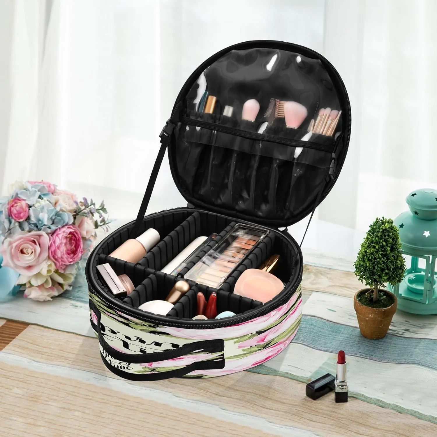 ALAZA Spring Time Pink Rose over Black Portable Cosmetic Bag Large Capacity Travel Makeup Case Organizer
