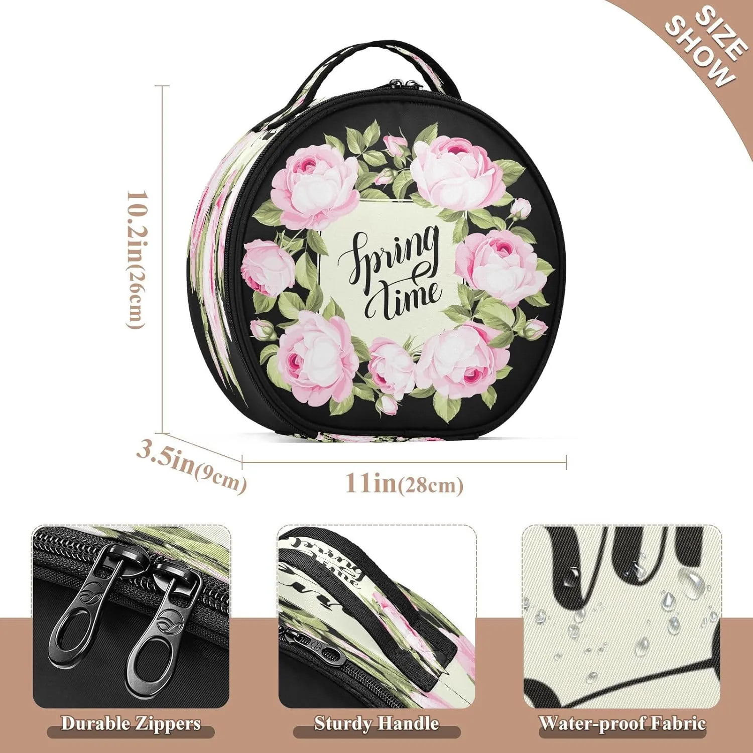 ALAZA Spring Time Pink Rose over Black Portable Cosmetic Bag Large Capacity Travel Makeup Case Organizer
