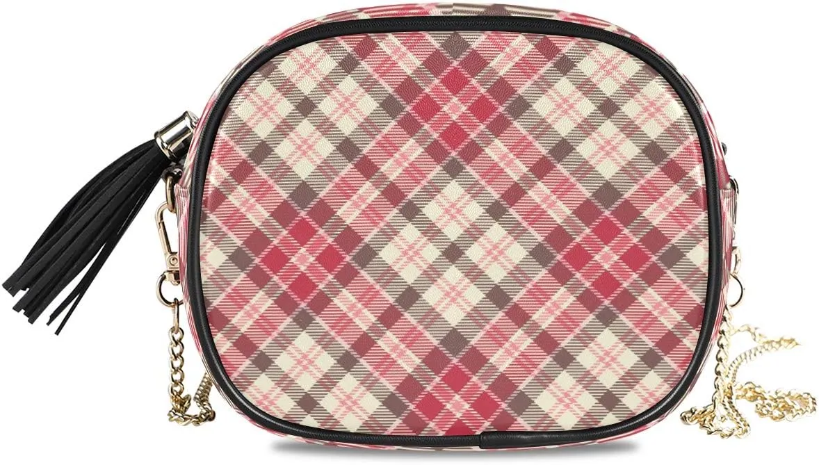 ALAZA Women's Pink Plaid Pattern Cross Body Bag Chain Shoulder Handbag Purse with Tassel