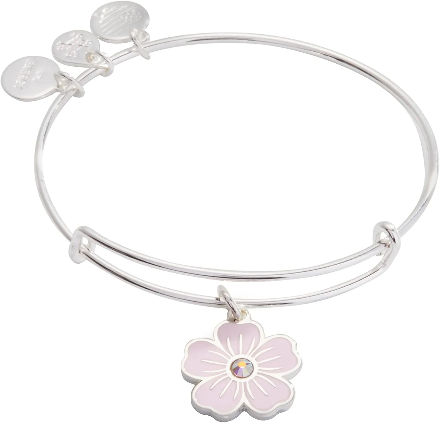 Alex and Ani Pink Pansy and Crystal Charm Bangle Bracelet, Shiny Silver Finish, 2 to 3.5 in