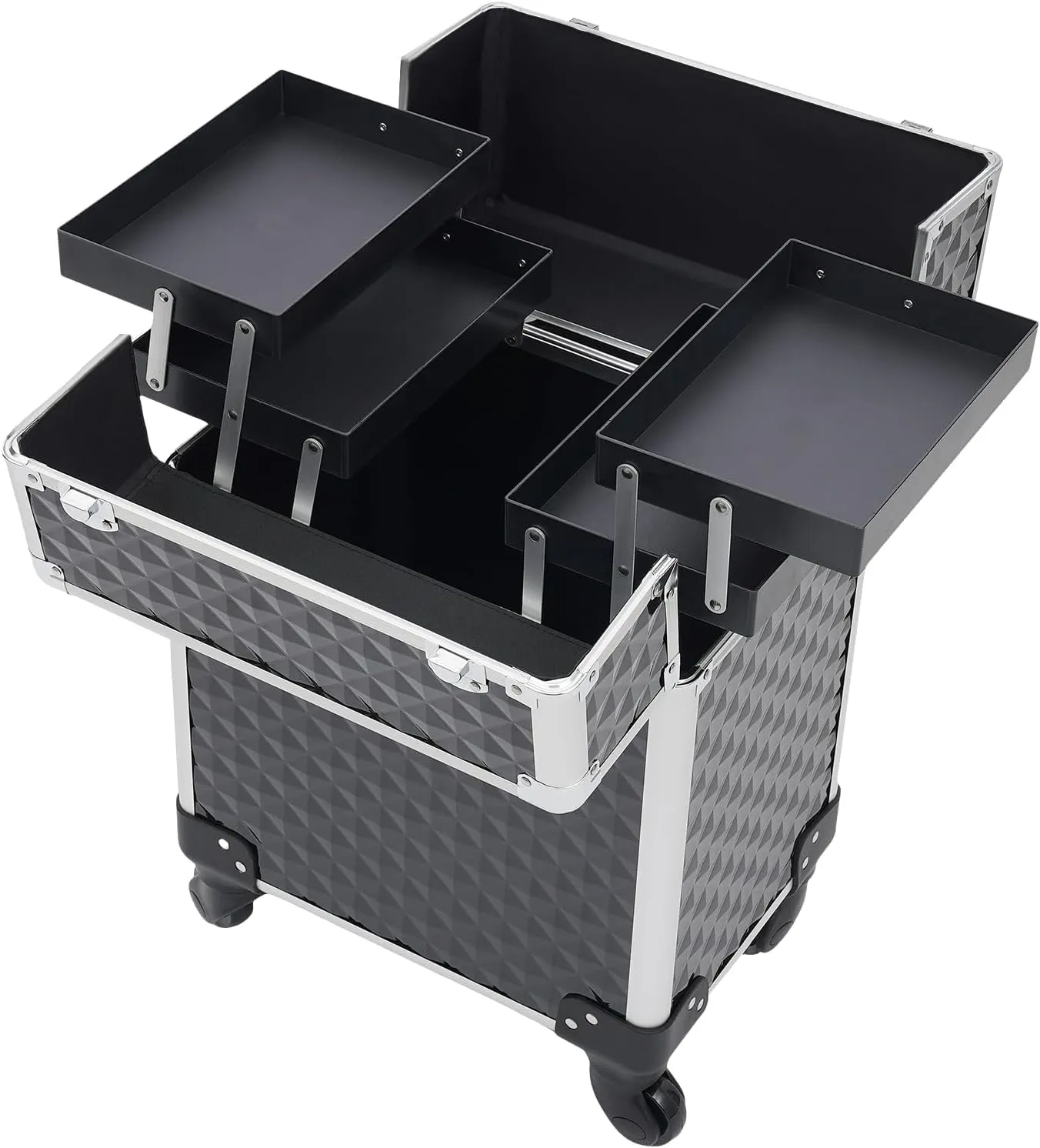Aluminum Rolling Makeup Train Case, Portable Makeup Organizer Suitcase, Cosmetic Storage Box, Travel Beauty Luggage Trolley Lockable w/4 Removable Wheels & 2 Sliding Drawers (Black)